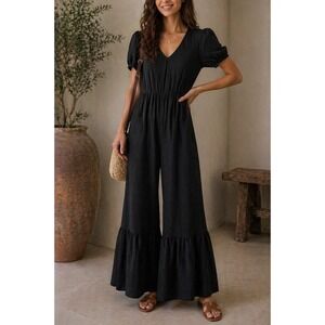 GeeGee Size Medium Jumpsuit Black Puff Sleeve Wide Leg Ruffle Hem 90s‎ Y2K